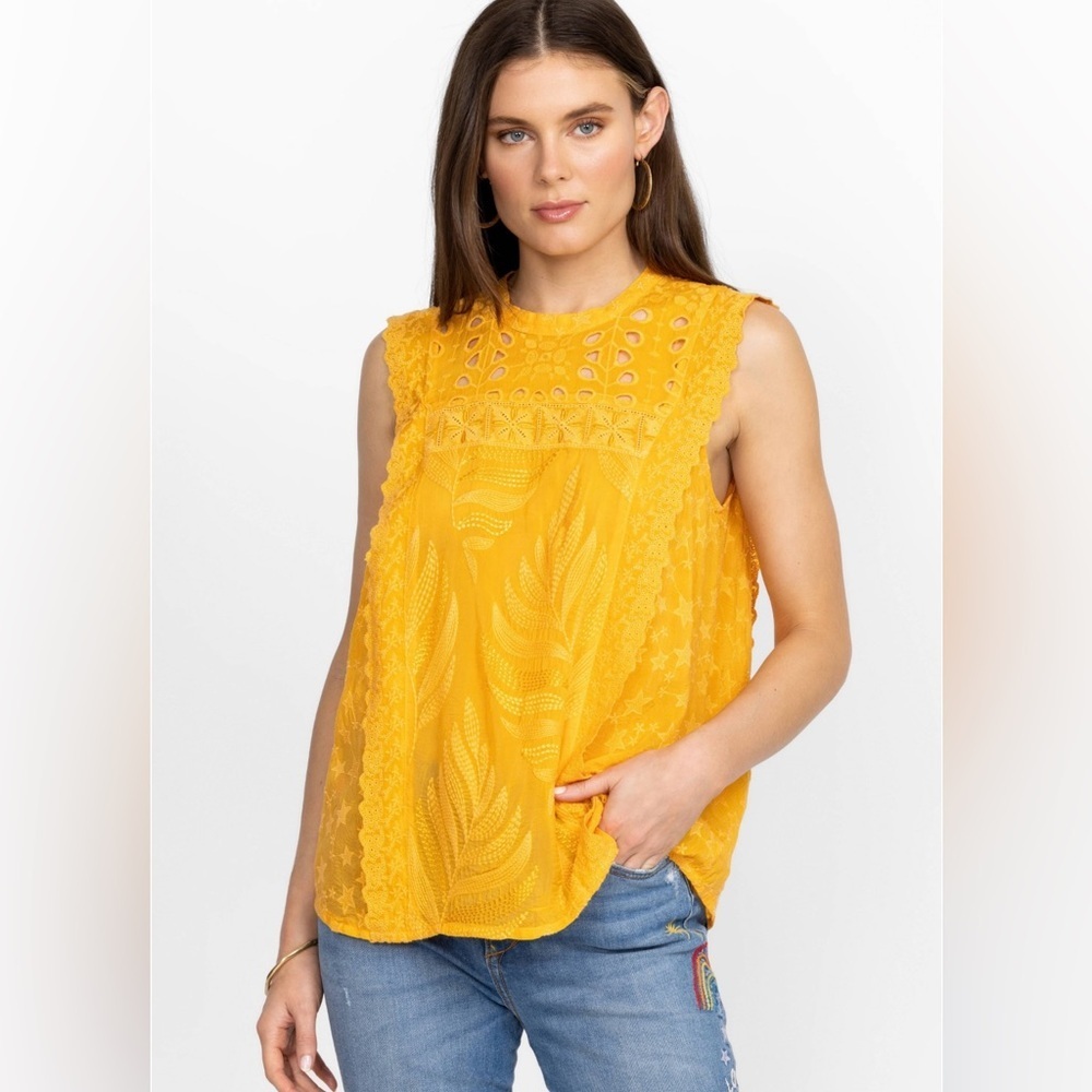 Johnny Was Leafy Concetta Embroidered Blouse Sz Medium Yellow Sleeveless Keyhole